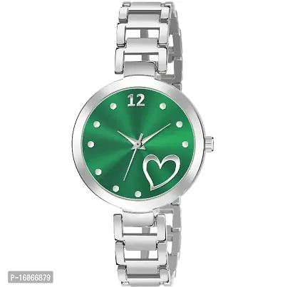 KIROH Analogue Heart Dial Designer Stylish Metal Strap Watch for Girls and Women (Silver-Green)