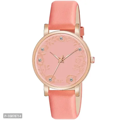 KIROH Analogue Dimond Designer Leather Strap Watch for Girl's and Women (Pink) (Peach)-thumb0