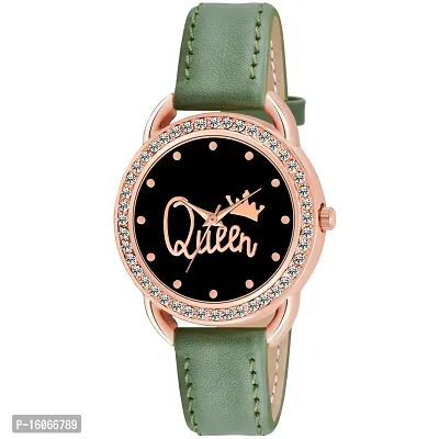 KIROH Analogue Copper Diamond Designer Queen Dial Leather Strap Watch for Girls and Women(Green)