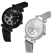 KIROH Casual Analogue Heart Dial Magnetic Strap Analog Watch for Girl's and Women (,Pack of 2) (Black-Silver)-thumb1