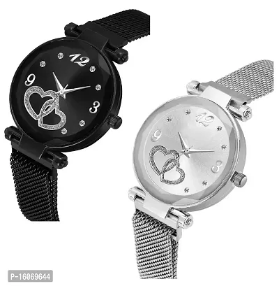 KIROH Casual Analogue Heart Dial Magnetic Strap Analog Watch for Girl's and Women (,Pack of 2) (Black-Silver)-thumb2