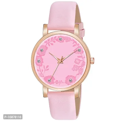 KIROH Analogue Dimond Designer Leather Strap Watch for Girl's and Women (Pink) (Pink)-thumb0