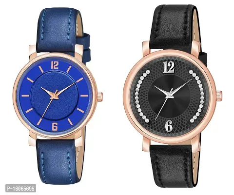 KIROH Analog Round Dial Designer Premium Leather Strap Analog Watch for Girls  Women(BLU-BLK)-thumb0