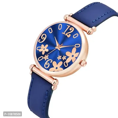 KIROH Analogue Unique Flower Dial Designer Leather Strap Women's and Girl's Watch (Blue)-thumb2