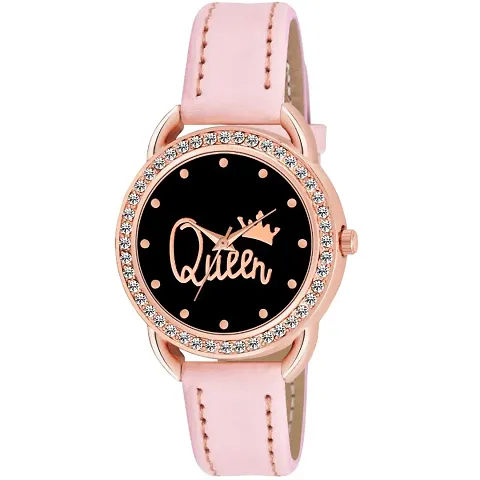 KIARVI GALLERY Analogue Diamond Designer Queen Dial Leather Strap Watch for Girls and Women(Pink)