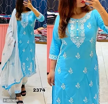 Trendy Blue Embroidered Rayon Kurta Pant Set With Dupatta For Women-thumb0