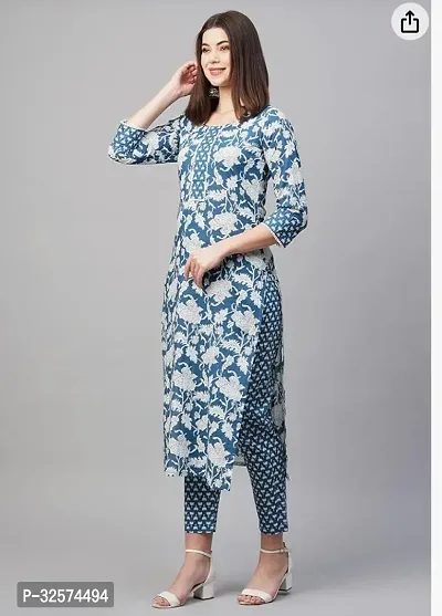 Trendy Blue Printed Cotton Kurta Pant Set For Women-thumb0