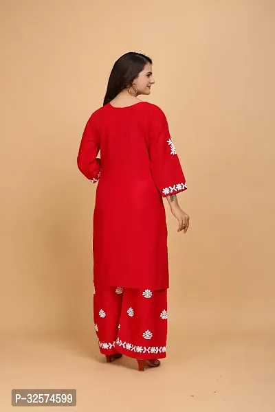 Trendy Red Embroidered Rayon Kurta Pant Set For Women-thumb2