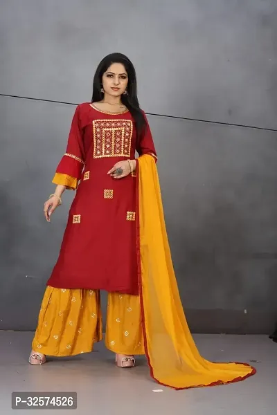 Trendy Red Embroidered Rayon Kurta Pant Set With Dupatta For Women-thumb0