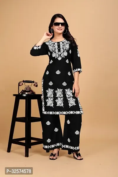 Trendy Black Embroidered Rayon Kurta Pant Set For Women-thumb0