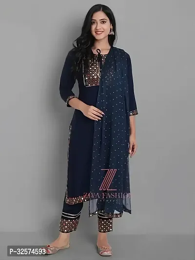 Trendy Navy Blue Embroidered Rayon Kurta Pant Set With Dupatta For Women-thumb0