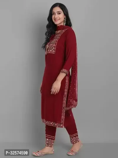 Trendy Maroon Embroidered Rayon Kurta Pant Set With Dupatta For Women