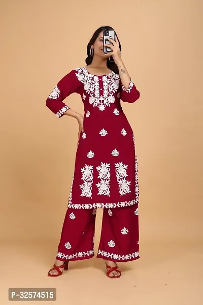 Trendy Maroon Embroidered Rayon Kurta Pant Set For Women-thumb0