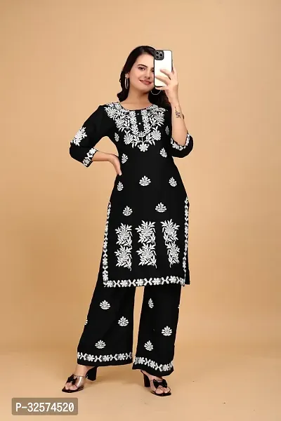 Trendy Black Embroidered Rayon Kurta Pant Set For Women-thumb0