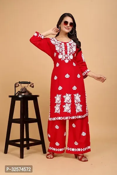 Trendy Red Embroidered Rayon Kurta Pant Set For Women-thumb0