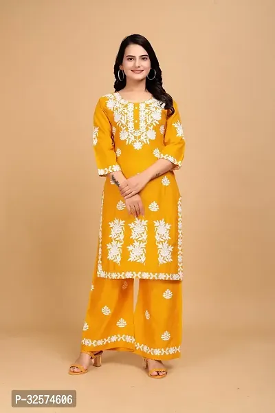 Trendy Yellow Embroidered Rayon Kurta Pant Set For Women-thumb0