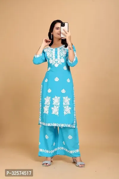 Trendy Blue Embroidered Rayon Kurta Pant Set For Women-thumb0