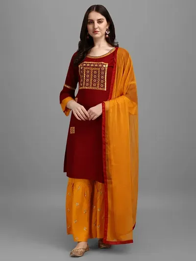 Trendy Embroidered Rayon Kurta Pant Set With Dupatta For Women