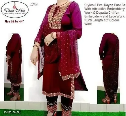 Trendy Purple Embroidered Rayon Kurta Pant Set With Dupatta For Women