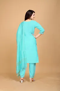 Trendy Turquoise Embroidered Cotton Kurta Pant Set With Dupatta For Women-thumb1