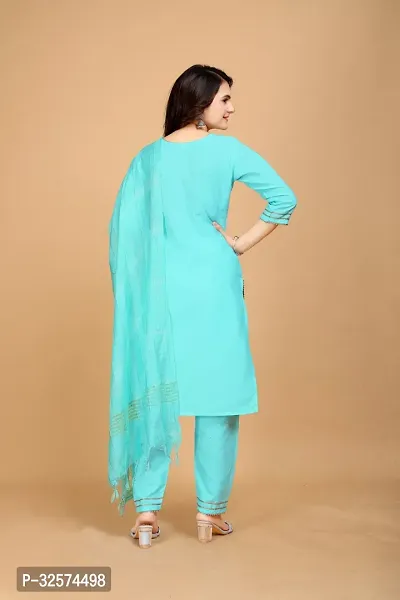 Trendy Turquoise Embroidered Cotton Kurta Pant Set With Dupatta For Women-thumb2