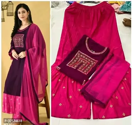 Trendy Pink Embroidered Rayon Kurta Pant Set With Dupatta For Women