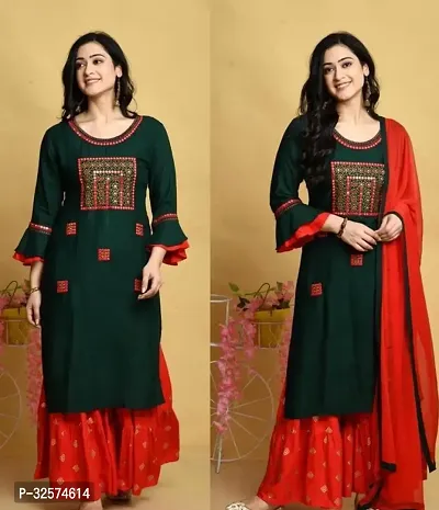 Trendy Green Embroidered Rayon Kurta Pant Set With Dupatta For Women-thumb0