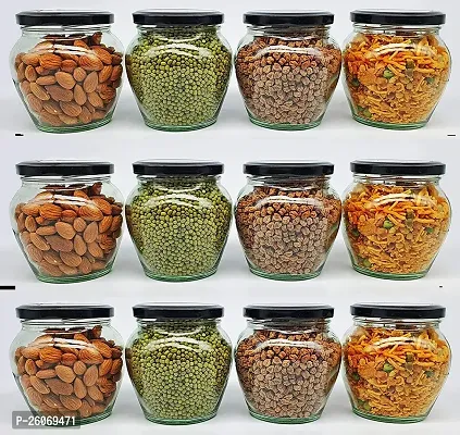 Glass Jar with Air Tight Black Lid for Kitchen Dried Masala Storage Jar,Honey Jar,Spice Masala Jar,Pot Glass Matka,Visible Glass Jar (Pack of 12, 350ml)-thumb0