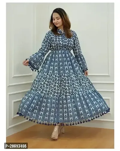 Women Blue Rayon Printed flair gown