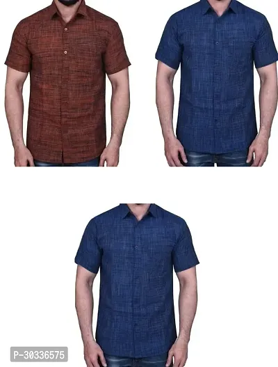 Stylish Multicoloured Khadi Cotton Casual Shirt For Men Combo Of 3-thumb0