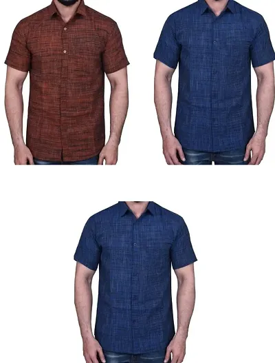 Stylish Khadi Short Sleeves Solid Shirt For Men Pack Of 3