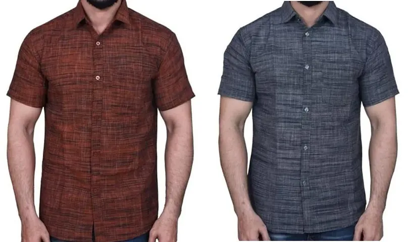 Stylish Khadi Short Sleeves Solid Shirt For Men Pack Of 2