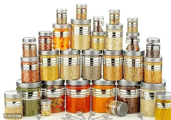 12 pcs Line Printed Storage Container With 12Pcs Spoon (FREE) , (4 Piece-1200ml , 4 Piece - 650ml , 4 Piece -350ml , ), Color - Silver Clear |BPA FREE | STORAGE CONTAINER-thumb0