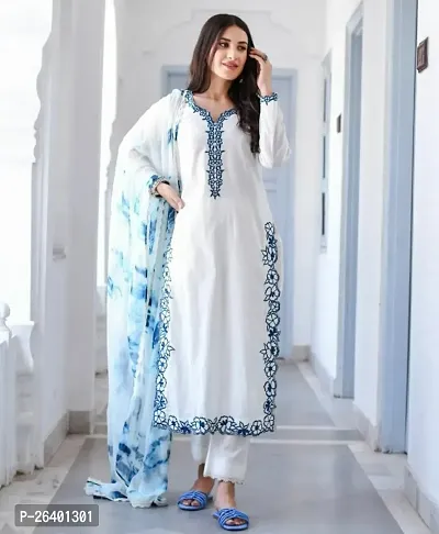 Stylish White Rayon Kurta, Bottom and Dupatta Set For Women-thumb3