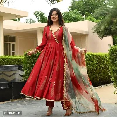 Stylish Red Rayon Kurta, Bottom and Dupatta Set For Women