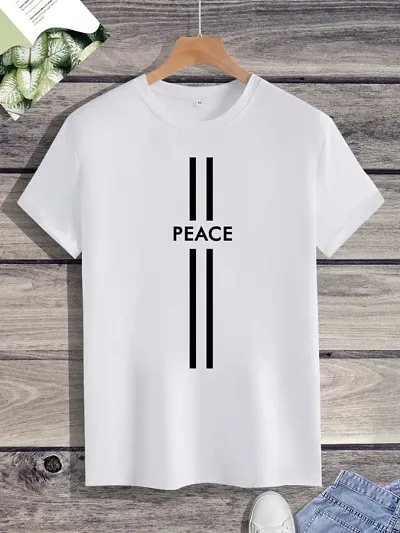 White Cotton Blend Printed Round Neck Tees for Men