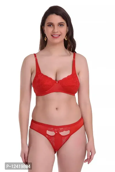 FREZZL Women's Lycra Net Non Wired Bra and Panty Set (36, Red)