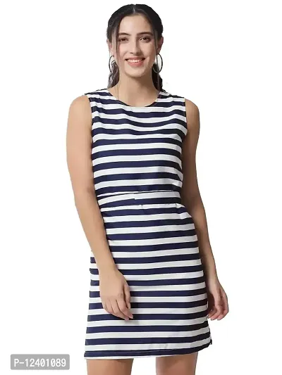 FREZZL Women's Crepe Striped Sheath Dress (Medium, Blue)-thumb0