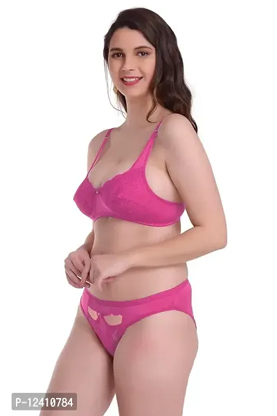 FREZZL Women's Lycra Net Non Wired Bra and Panty Set (M, Pink)-thumb2