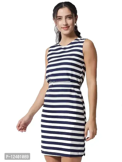 FREZZL Women's Crepe Striped Sheath Dress (Medium, Blue)-thumb3