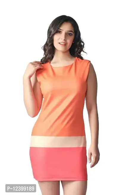 FREZZL Women's Sleeveless Round Neck Bodycon Lycra Dress (Large, Orange)-thumb0