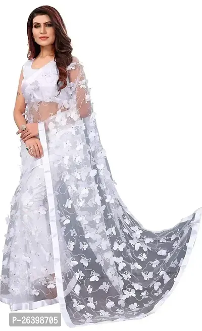 Beautiful Net White Saree With Blouse Piece For Women-thumb0