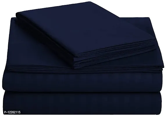 HG DECOR Double Cotton 210TC Solid Striped Bed Sheets with 2 Pillow Cover (Double, Navy Blue)-thumb3