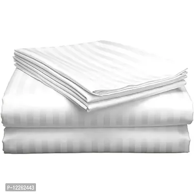 HG DECOR Plain Solid Striped 210TC Double Cotton Bed Sheet with 2 Pillow Covers for Double Bed (White)-thumb3