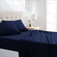 HG DECOR Double Cotton 210TC Solid Striped Bed Sheets with 2 Pillow Cover (Double, Navy Blue)-thumb1