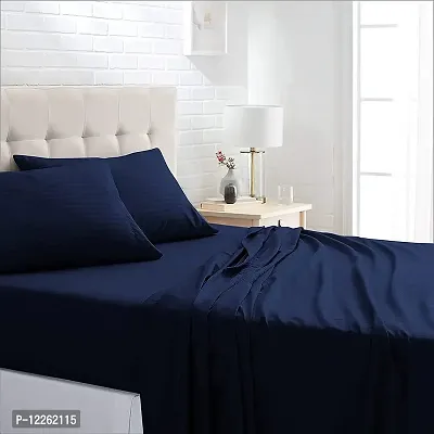 HG DECOR Double Cotton 210TC Solid Striped Bed Sheets with 2 Pillow Cover (Double, Navy Blue)-thumb2