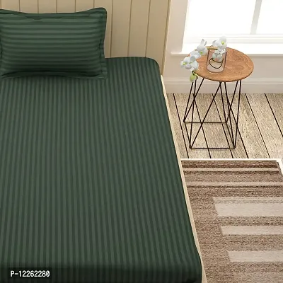 HG DECOR Cotton Single Bed Striped Cotton Bed Sheet with 1 Pillow Cover (Green)