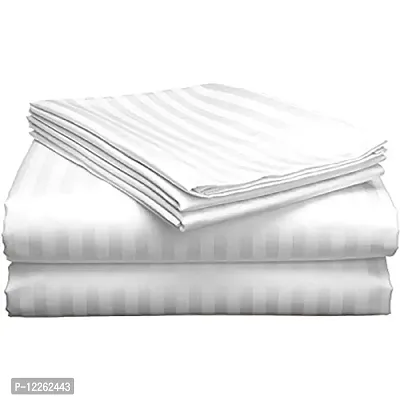 HG DECOR Plain Solid Striped 210TC Double Cotton Bed Sheet with 2 Pillow Covers for Double Bed (White)-thumb4