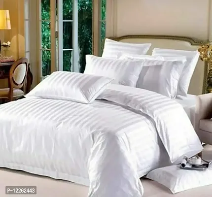 HG DECOR Plain Solid Striped 210TC Double Cotton Bed Sheet with 2 Pillow Covers for Double Bed (White)-thumb0