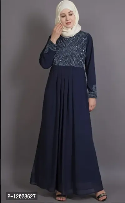 Contemporary Navy Blue Poly Georgette Embellished Abaya For Women